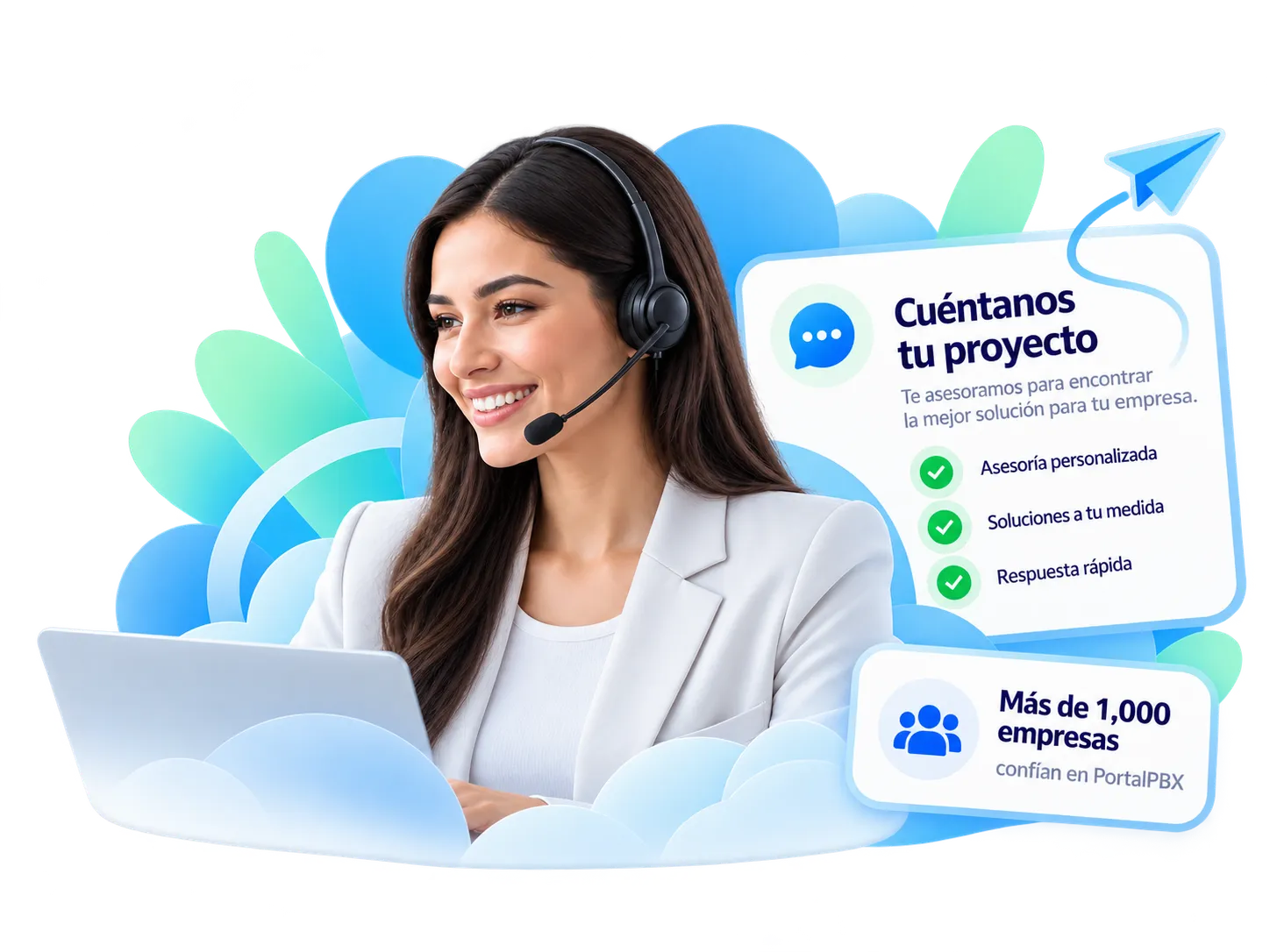 PortalPBX advisor with a headset at her laptop, with a card «Tell us about your project» (personalized advice, tailor-made solutions, fast response) and the note «More than 1,000 companies trust PortalPBX»