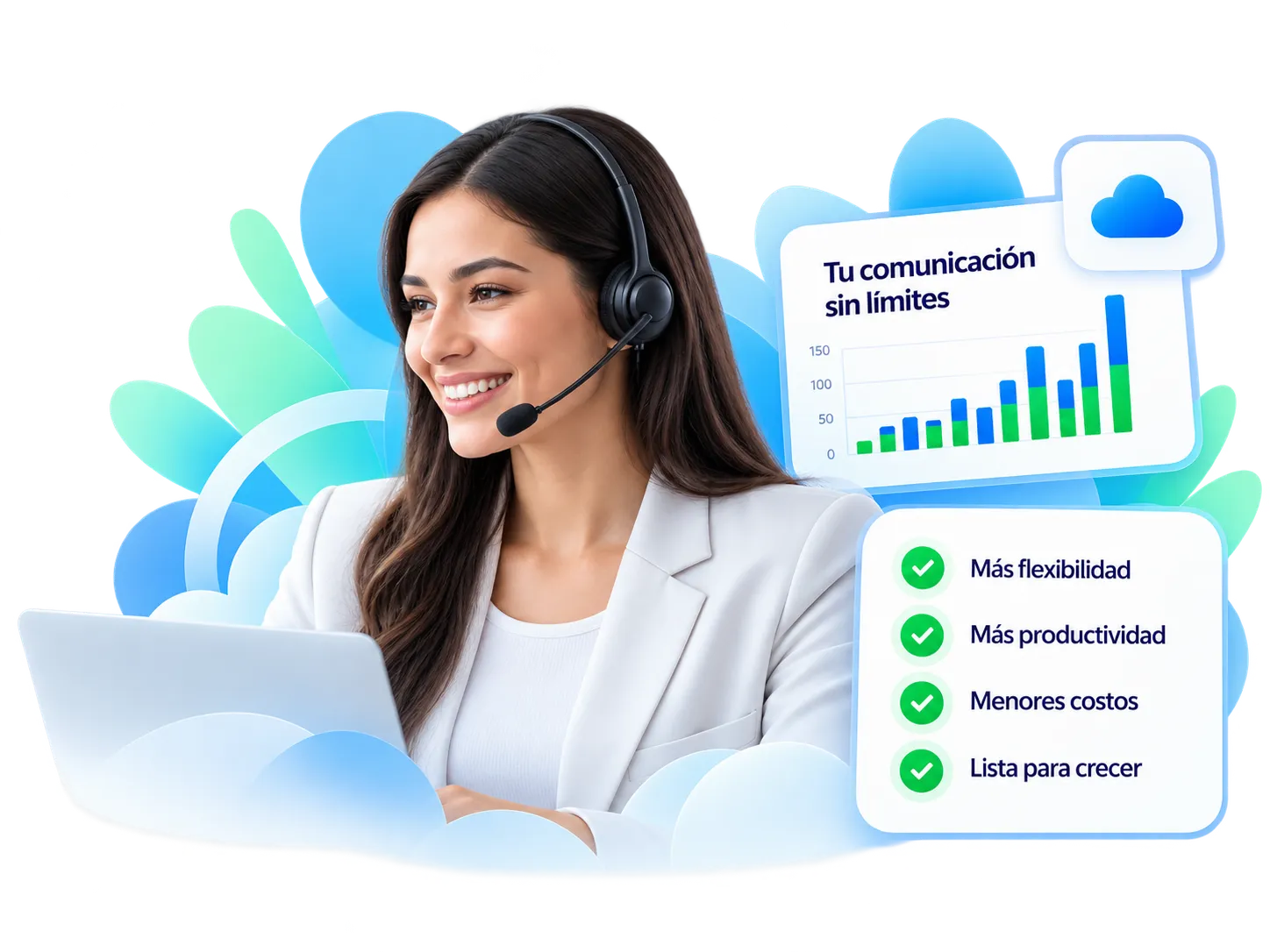 PortalPBX advisor with a headset smiling at her laptop, with a card «Your communication without limits», a growth chart and benefits: more flexibility, more productivity, lower costs and ready to grow