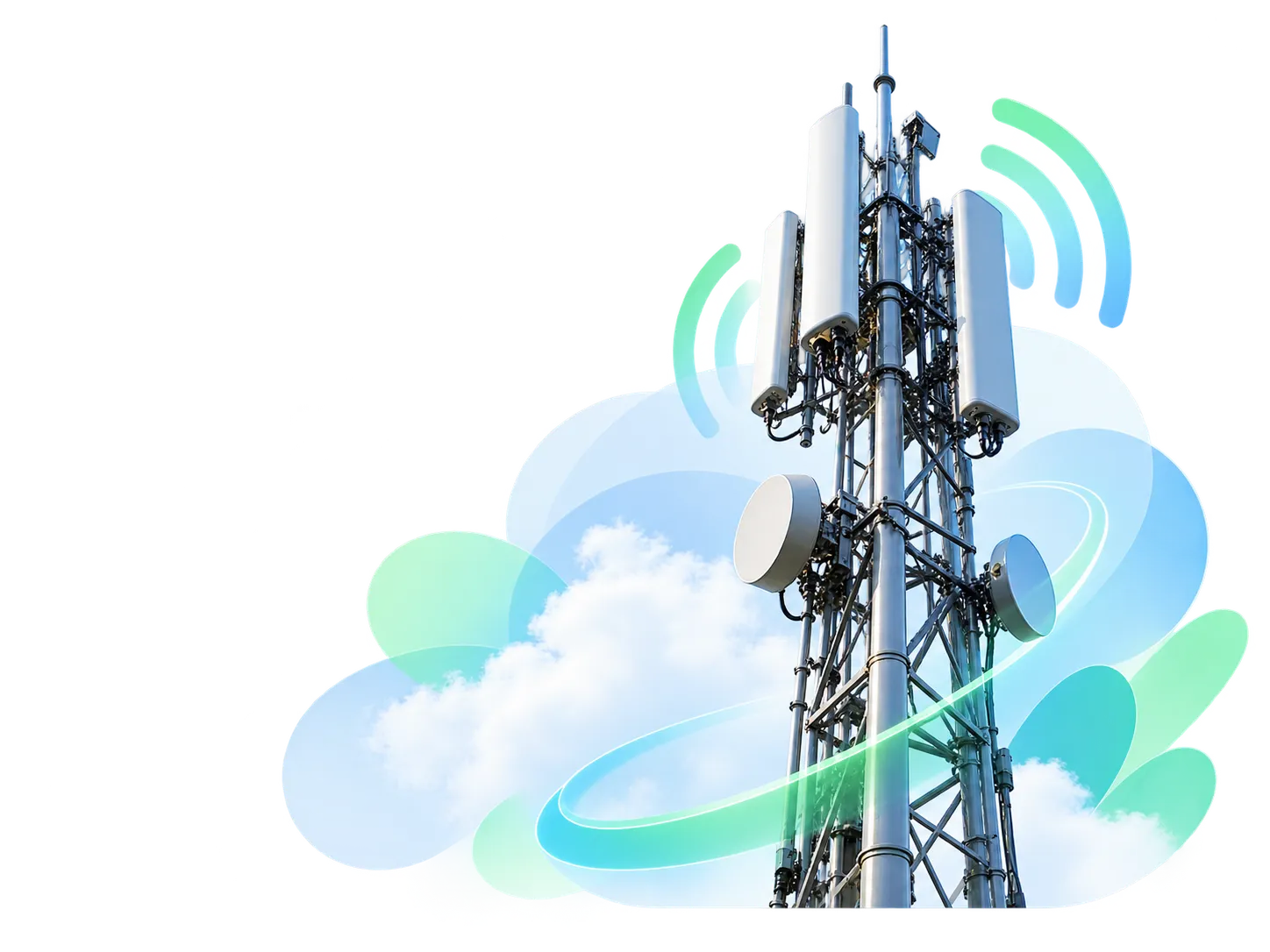 Técnico de telecomunicaciones junto a una torre de antenas