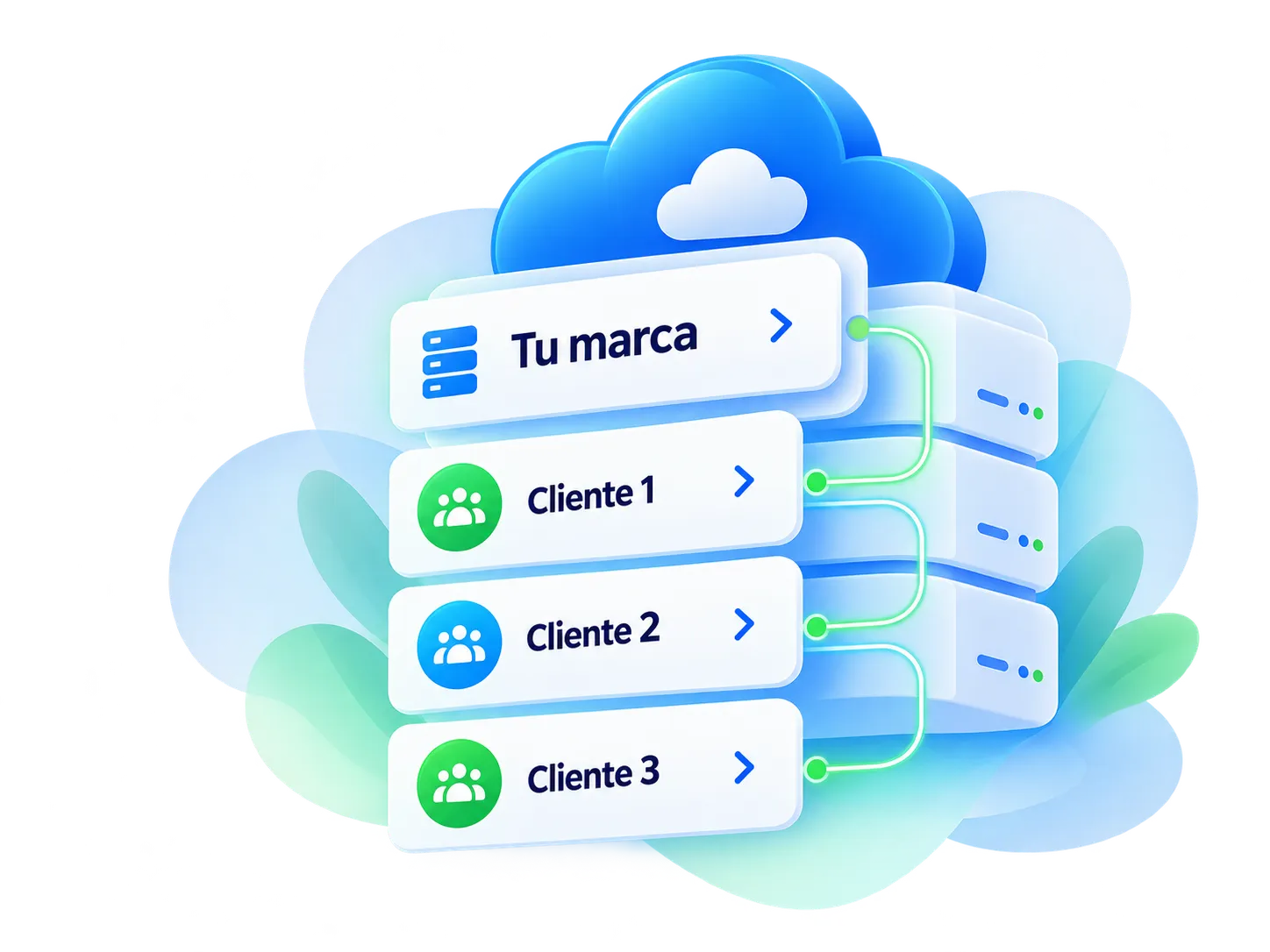 Cloud with your brand connected to servers with Customer 1, Customer 2 and Customer 3