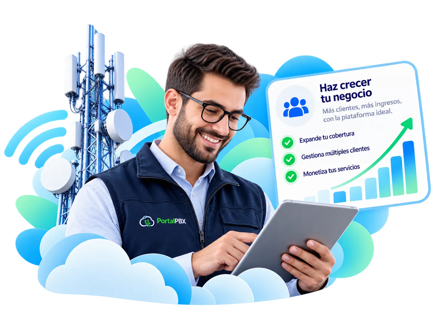 Telecom technician with a tablet next to an antenna tower and a card «Grow your business»: expand your coverage, manage multiple customers and monetize your services